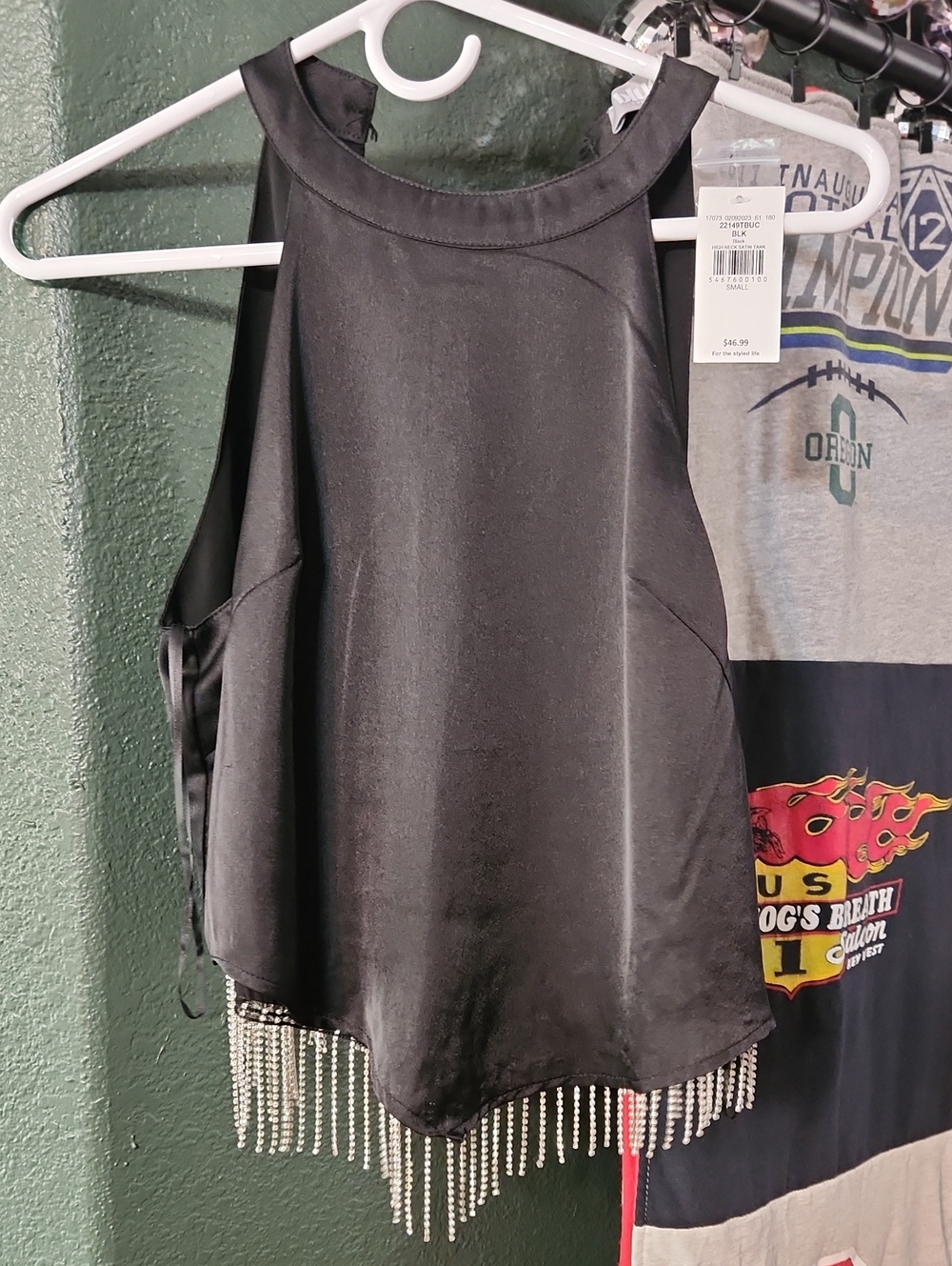 Buckle Black Satin Crop Top with Rhinestone Fringe